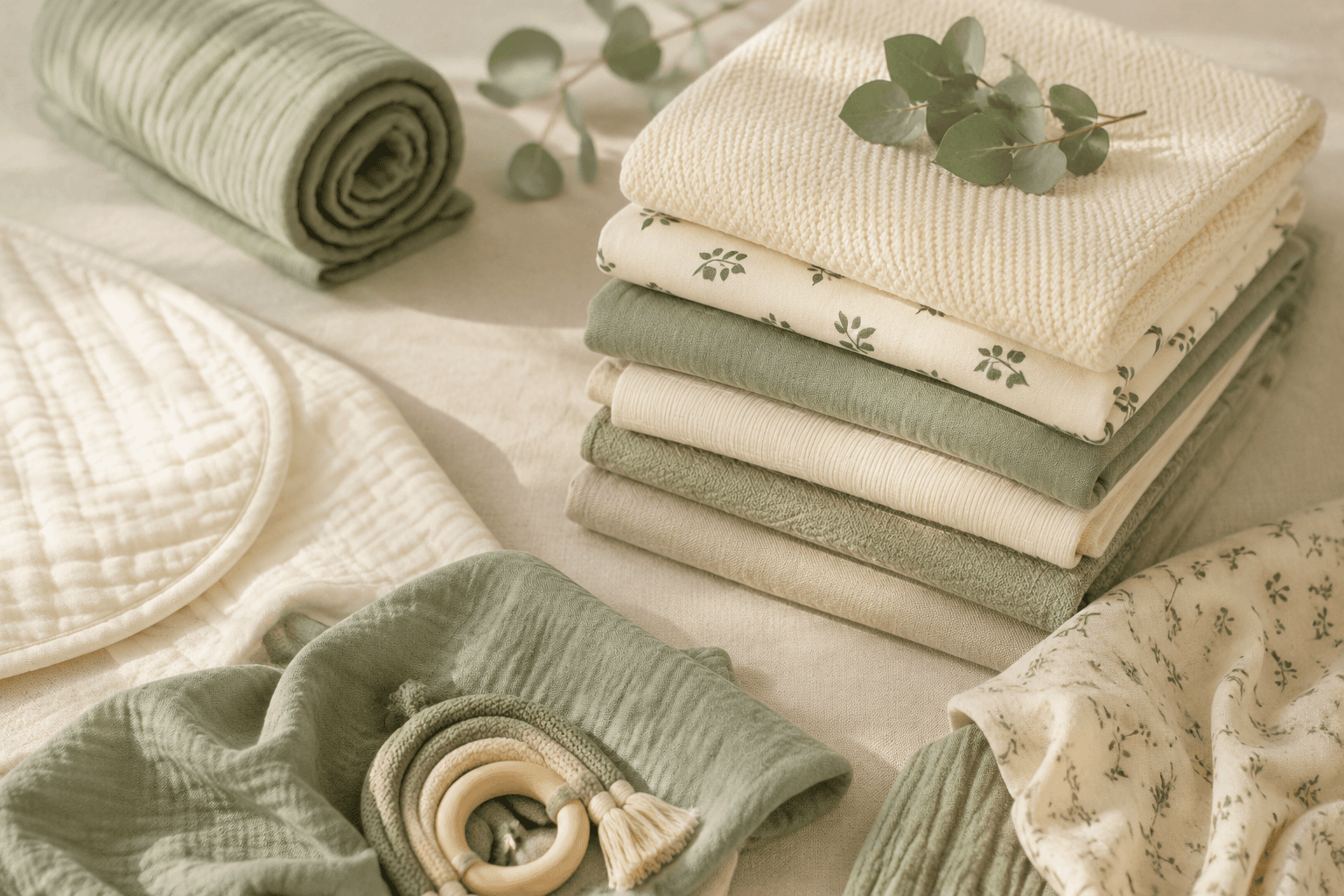 Folded Pentiex baby textiles in calm, natural tones